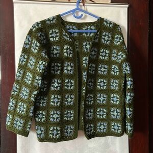 Hand crochet blue & green granny square wool cardigan sweater, small-medium